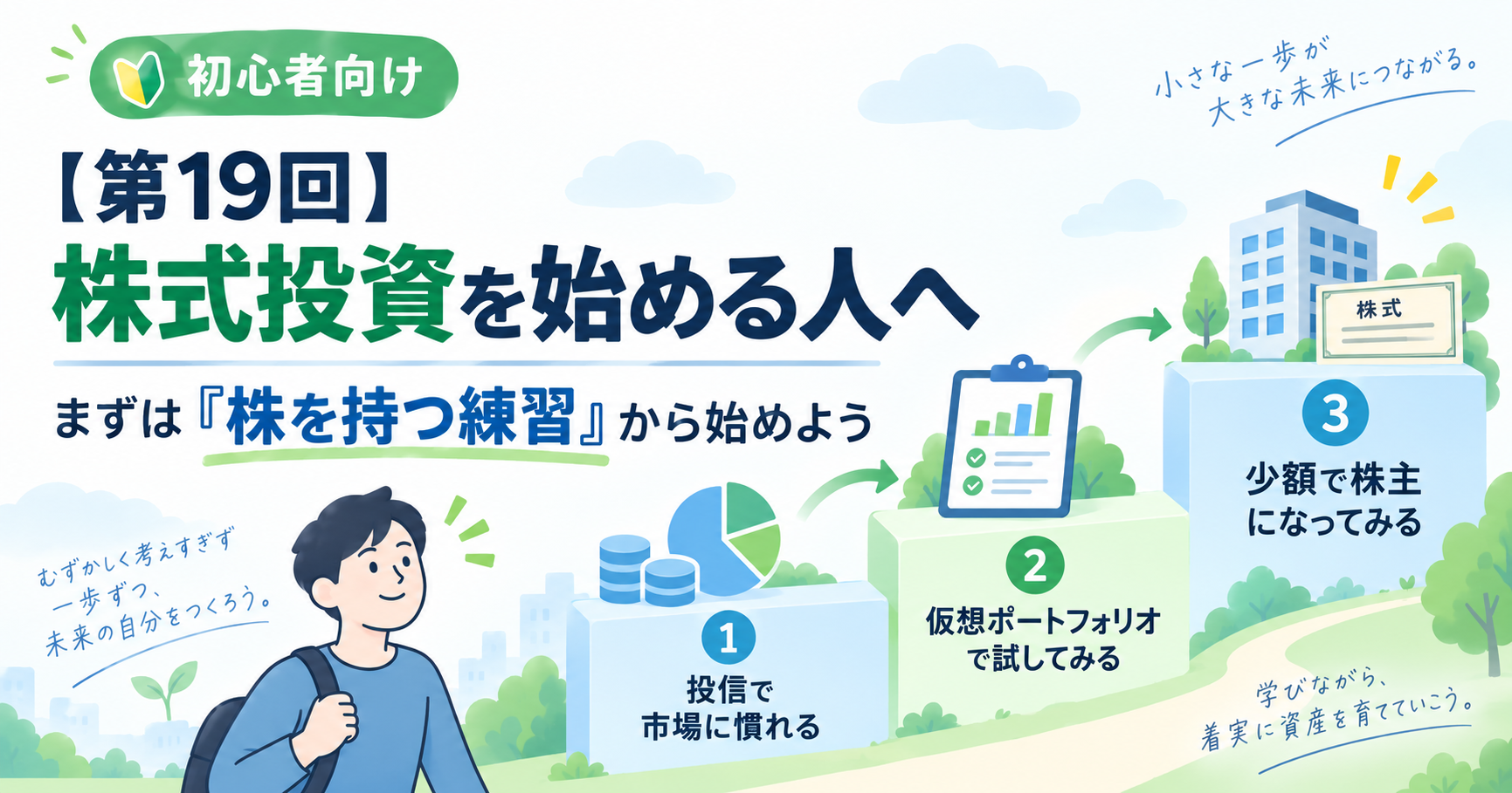 株式投資の初心者が投資信託、仮想ポートフォリオ、個別株へ段階的に進む流れを示したアイキャッチ画像