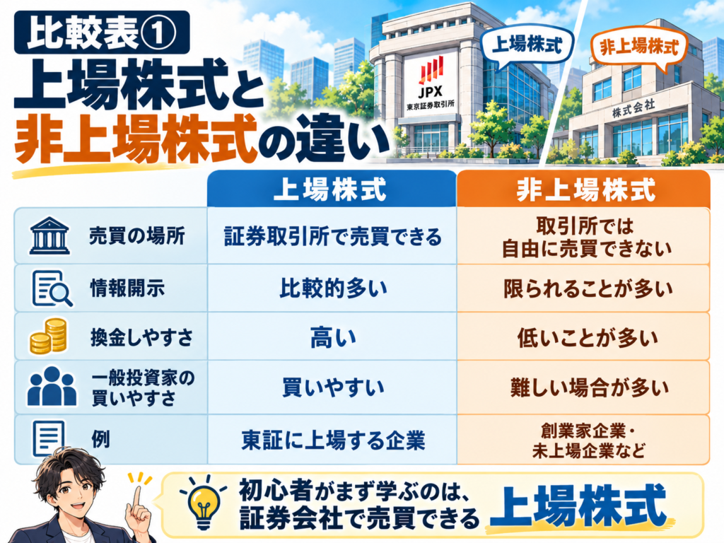 上場株式と非上場株式の違いについて説明した図