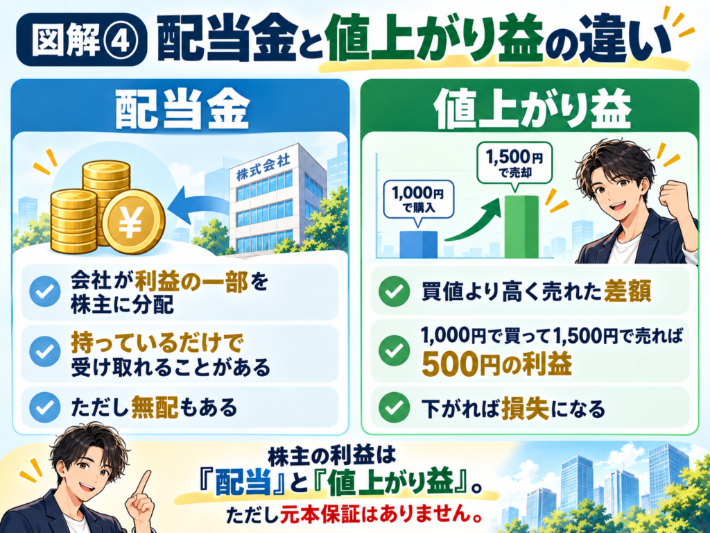 株式保有によって、どう儲けるか?配当金と値上がり益という2つについて説明した資料