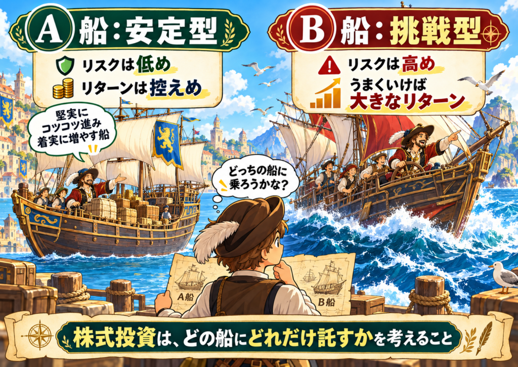 船はどれも同じではなく、その特徴があり、どれを選択することが大切か?株式においても同様であることを説明した図