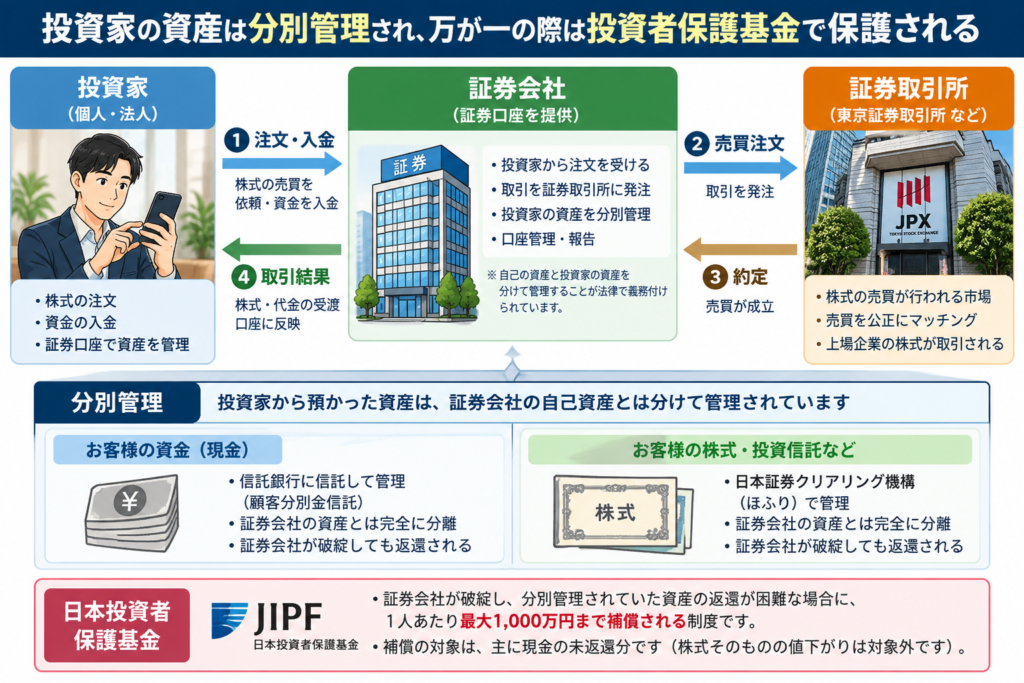 投資された株式の分別管理の仕組みと日本投資者保護基金についての説明図