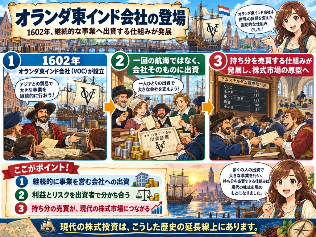 オランダ東インド会社によって、株式会社の基礎が築かれたことを説明する図