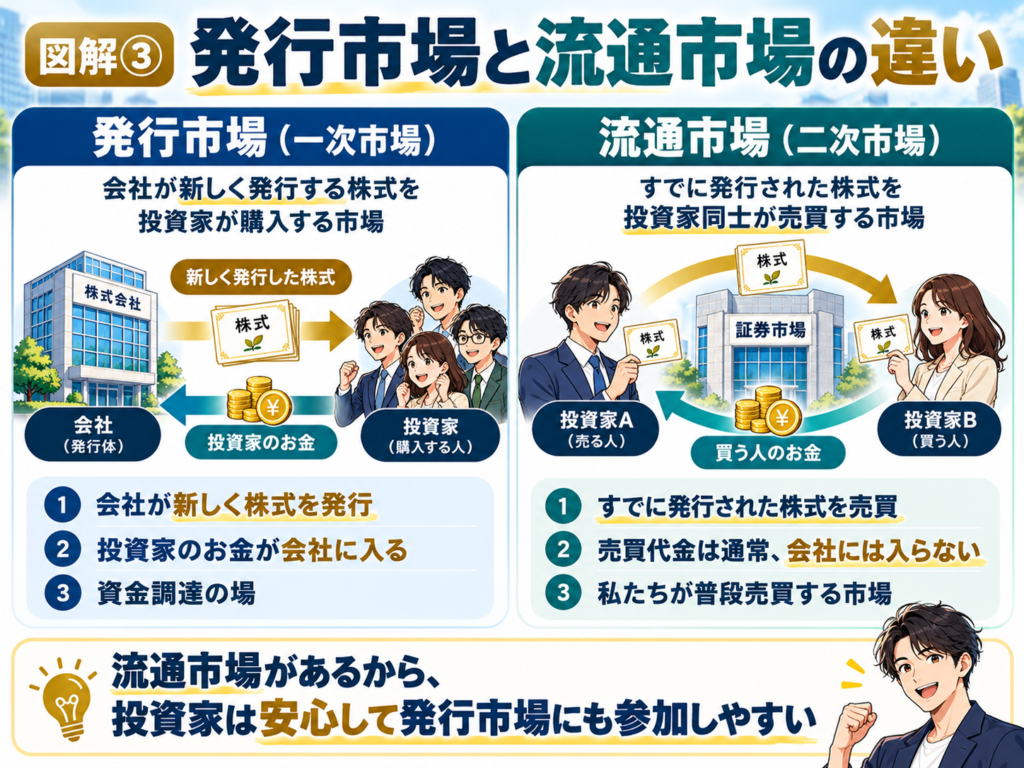 株式の発行市場と流通市場の違いについて詳しく説明した図