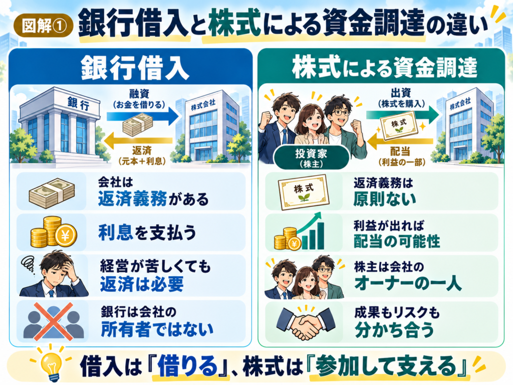 銀行借入と株式による資金調達の違いを示したイメージ図