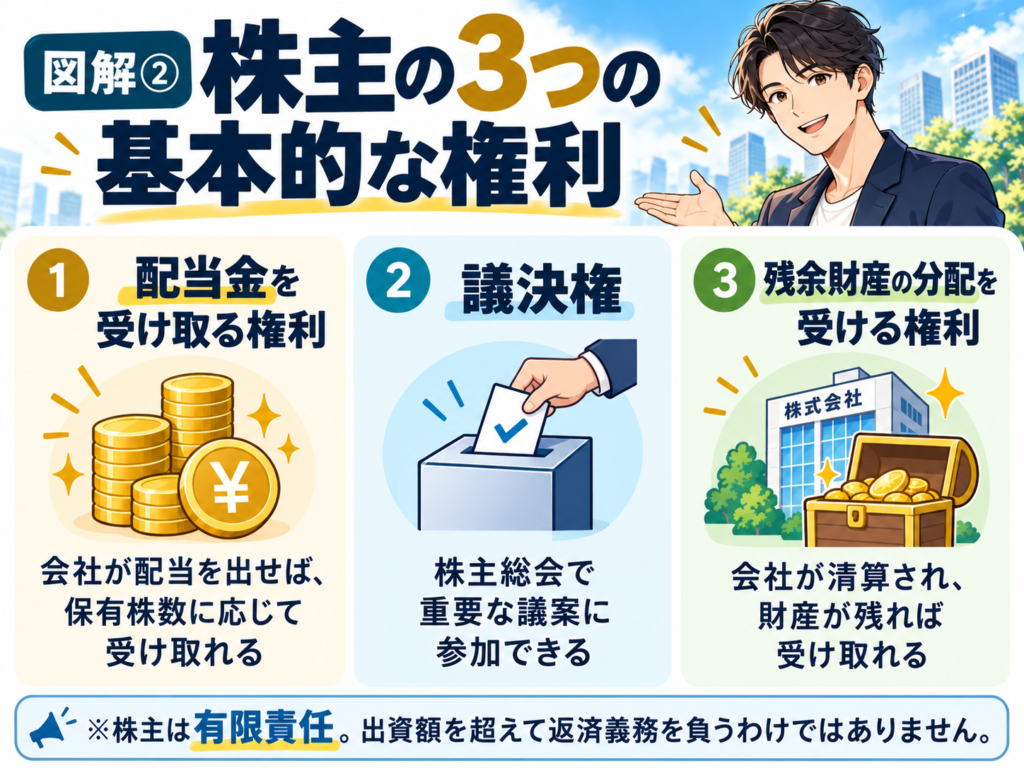 株主の3つの権利を明示したイメージ図