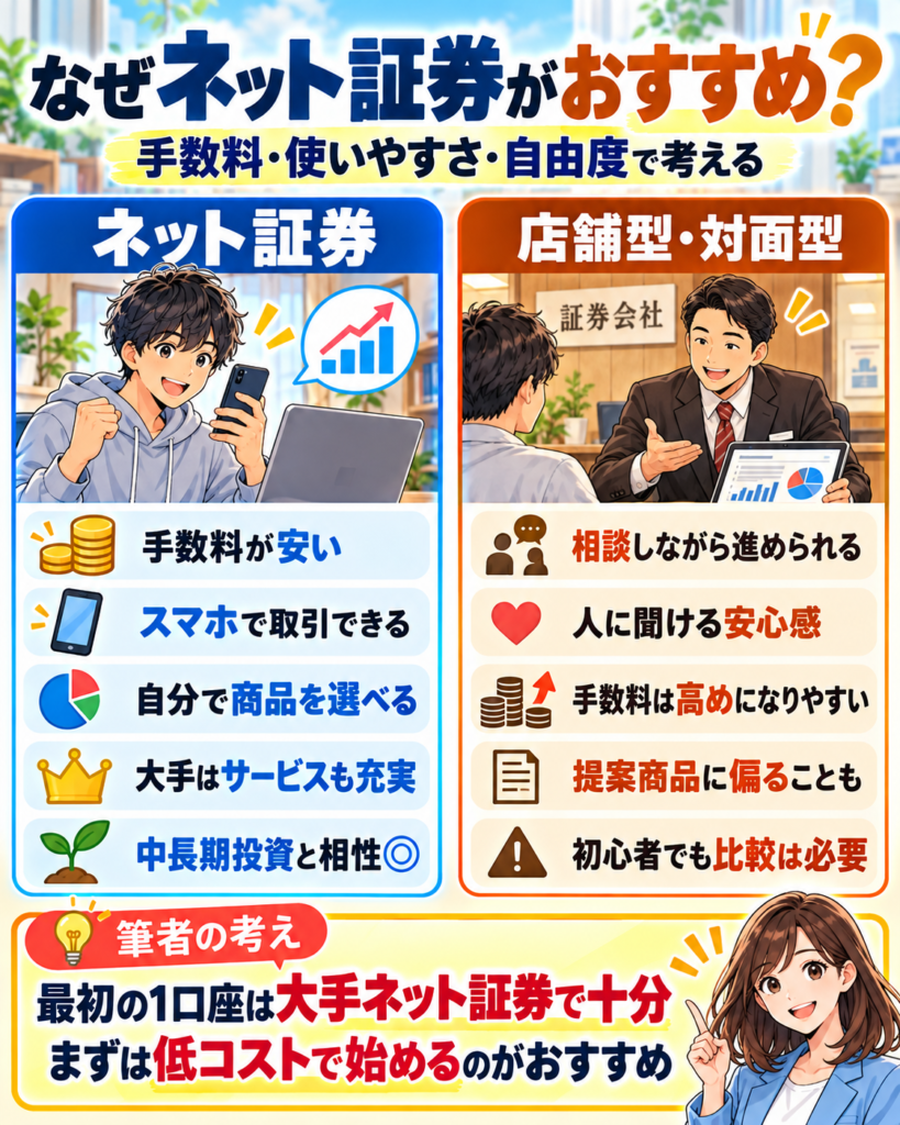 現代のネット証券のメリットについて説明した図