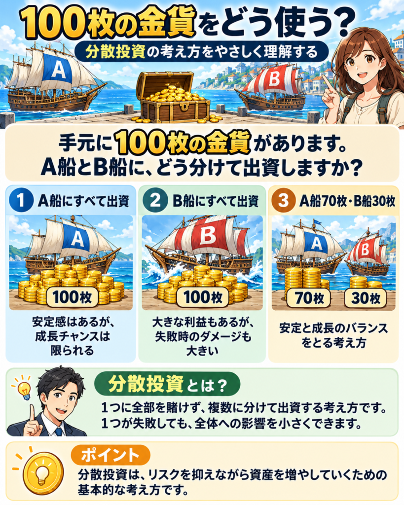 大航海時代の船に例えて、分散投資の考え方を説明した図