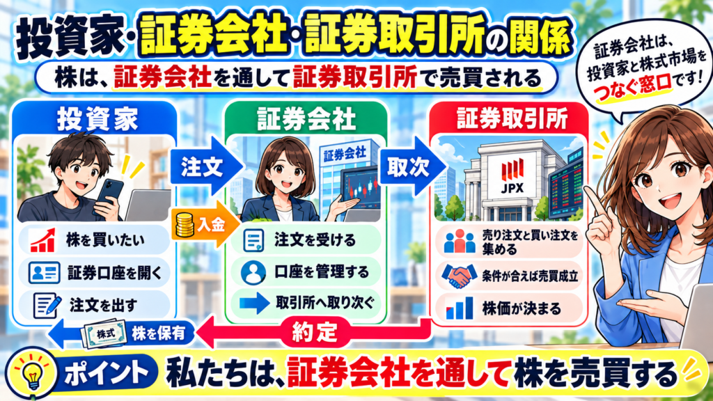 投資家・証券会社・証券取引所の関係図