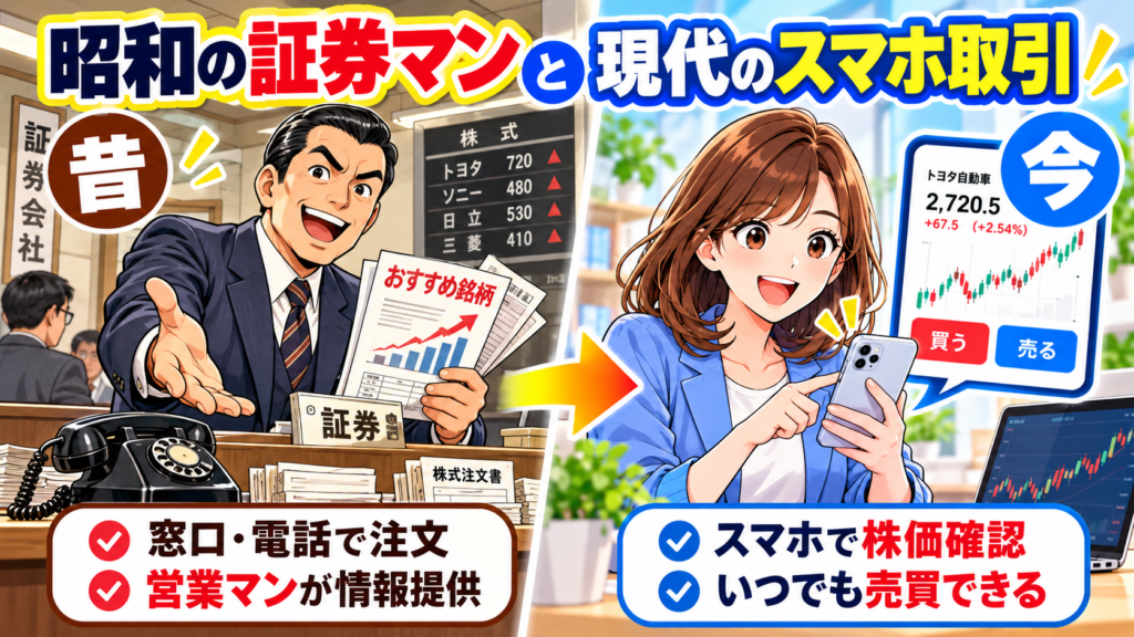 昭和の証券マンと現代のスマホ取引について示したイメージ図