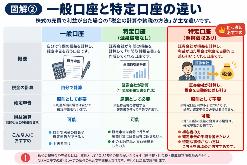 一般口座と特定口座の違いを示したもの。また、源泉徴収のある無しの違いも示し、初心者へのおすすめを表す図